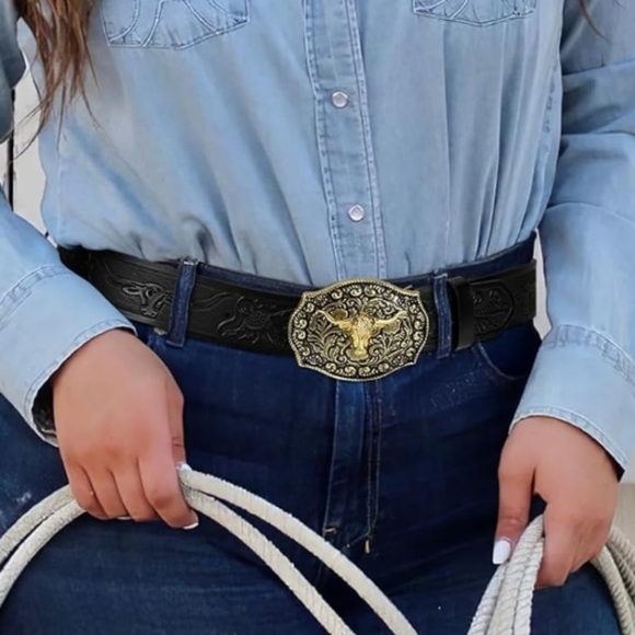 Triworks Accessories - Triworks NEW Western Black Floral & Long Horn Embossed Unisex Belt w/Gold Buckle